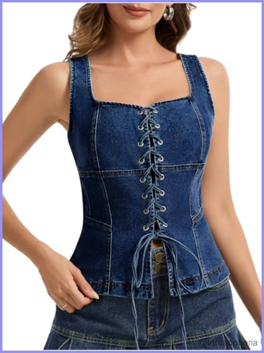 Denim Corset Top Sleeveless Square Neck Lace Up Tank Top